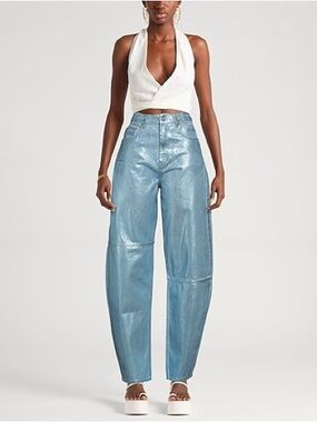 Metallic Light Blue Boyfriend Jeans for Women